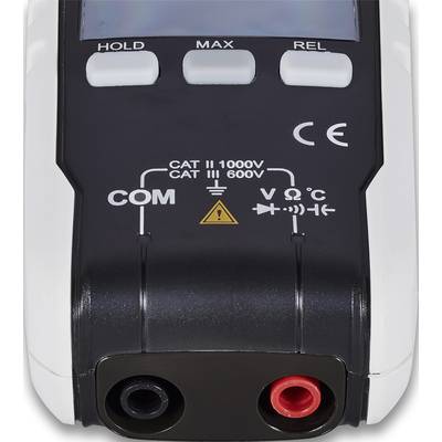 Digital multimeter, front side with two sockets: black (COM) and red (V Ω °C). Above, control knobs and CAT II 1000V/CAT I 600V marking.