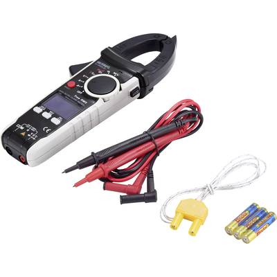 A digital multimeter with crocodile clips, test leads, an adapter and batteries. Ideal for measuring electrical currents and voltages.