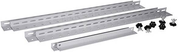 A pair of slotted metal rack rails with mounting hardware, including screws and butterfly nuts, designed for server or equipment installation.