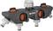 Black and orange GARDENA water distributor with four connections and controls for simultaneously managing multiple garden hoses.