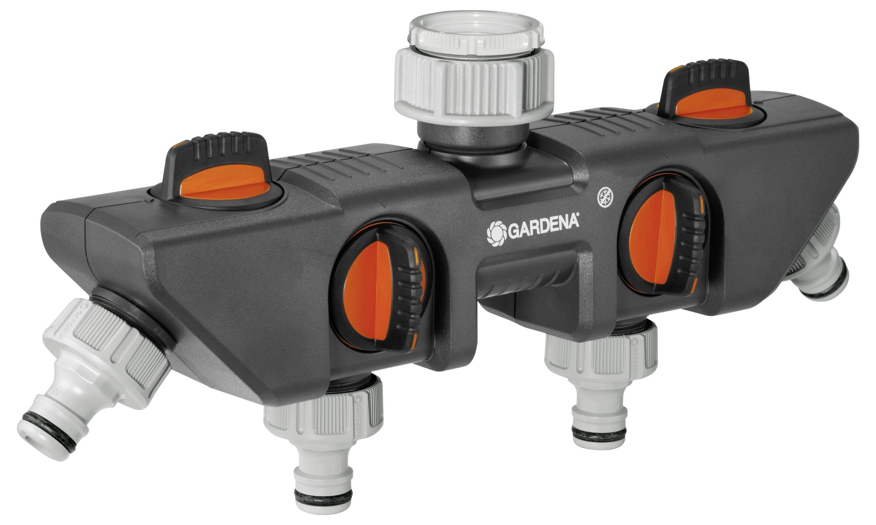 Garden water distributor with four adjustable outlets and orange controls, for simultaneous irrigation of multiple areas.