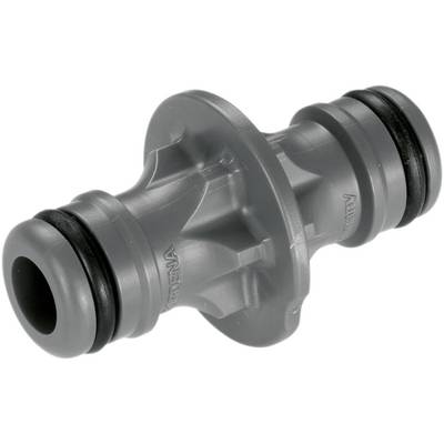 Grey plastic garden hose connector with two O-rings at the ends, for easy connection of garden hoses.