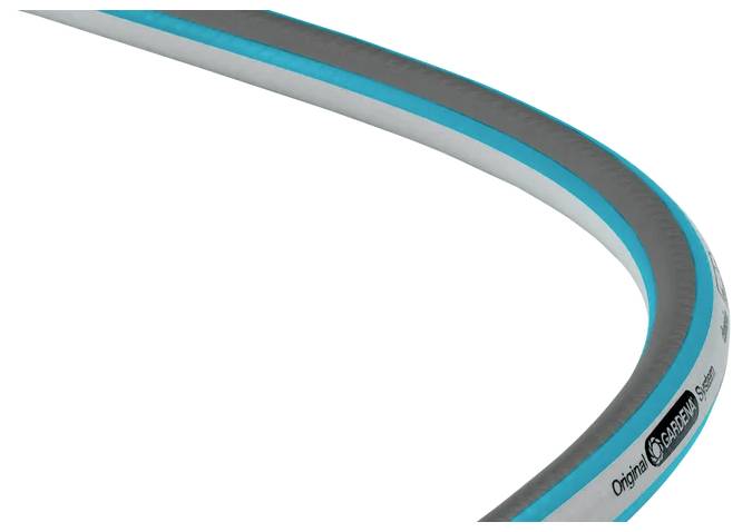 Curved section of a garden hose with blue and gray stripes, featuring branding text along the side.