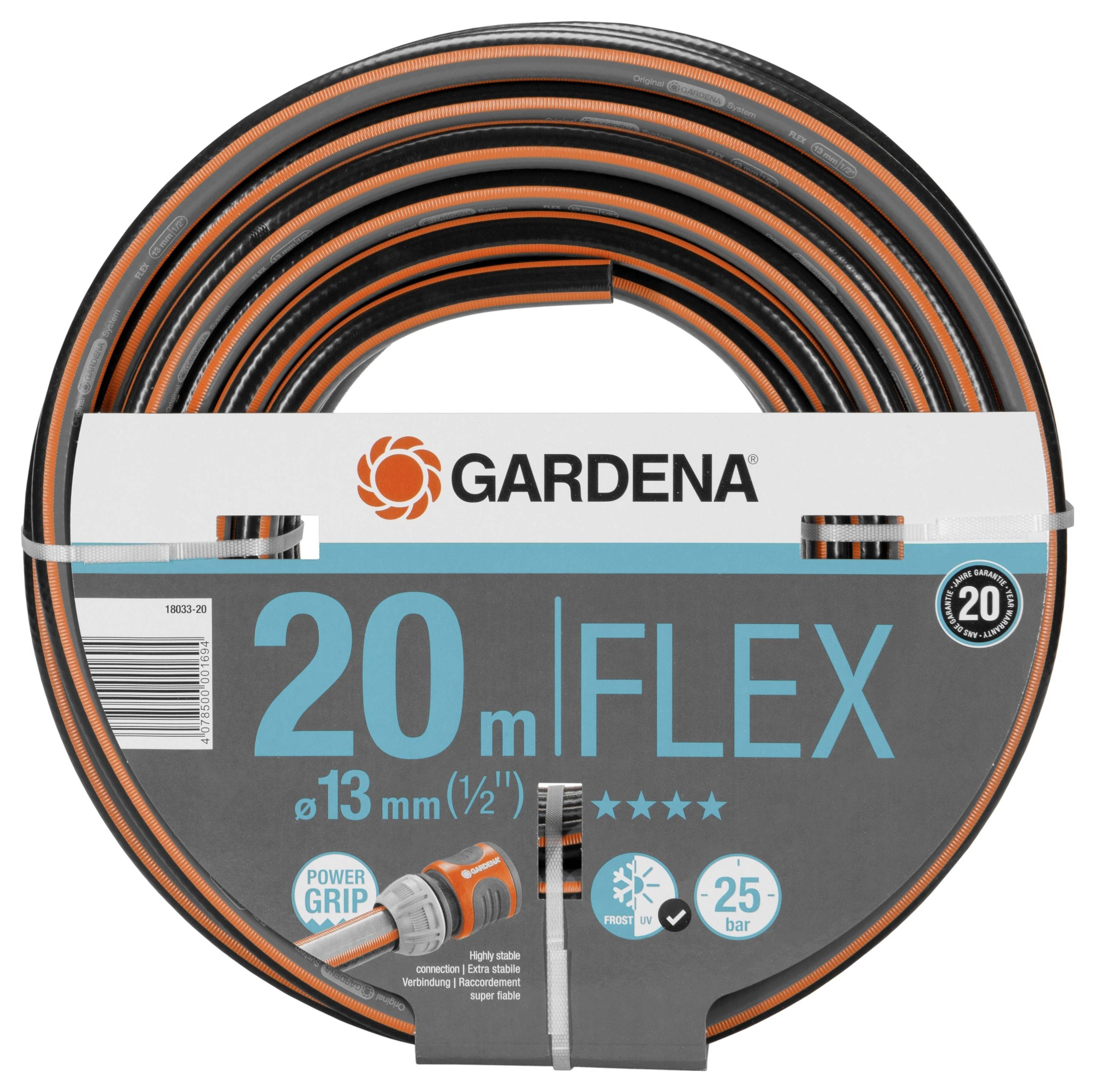 Gardena garden hose, 20 m long and 13 mm diameter, rated for 25 bar pressure, with Power Grip and flexible construction.