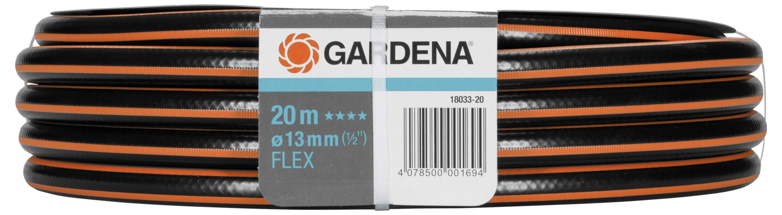 Gardena garden hose, 20 metres, diameter 13mm (1/2 inch), 'Flex' model, in black and orange.