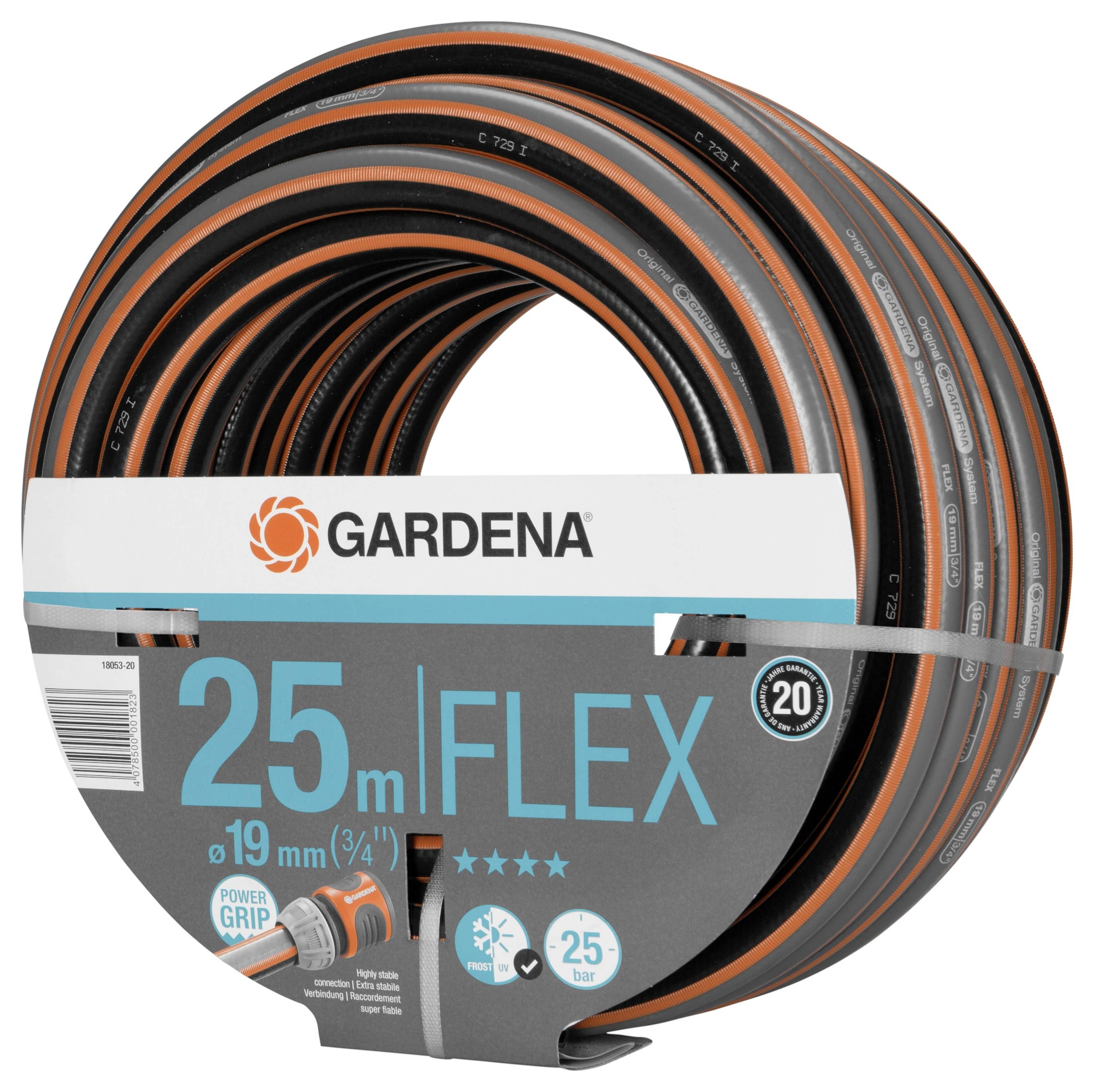 Gardena Garden Hose, 25 metres in length, 19 mm diameter, with Power Grip. Suitable for versatile garden watering.