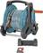 Garden hose reel with hose and retraction mechanism, in blue and black. Includes hand crank and mounting fixtures. Suitable for garden irrigation.