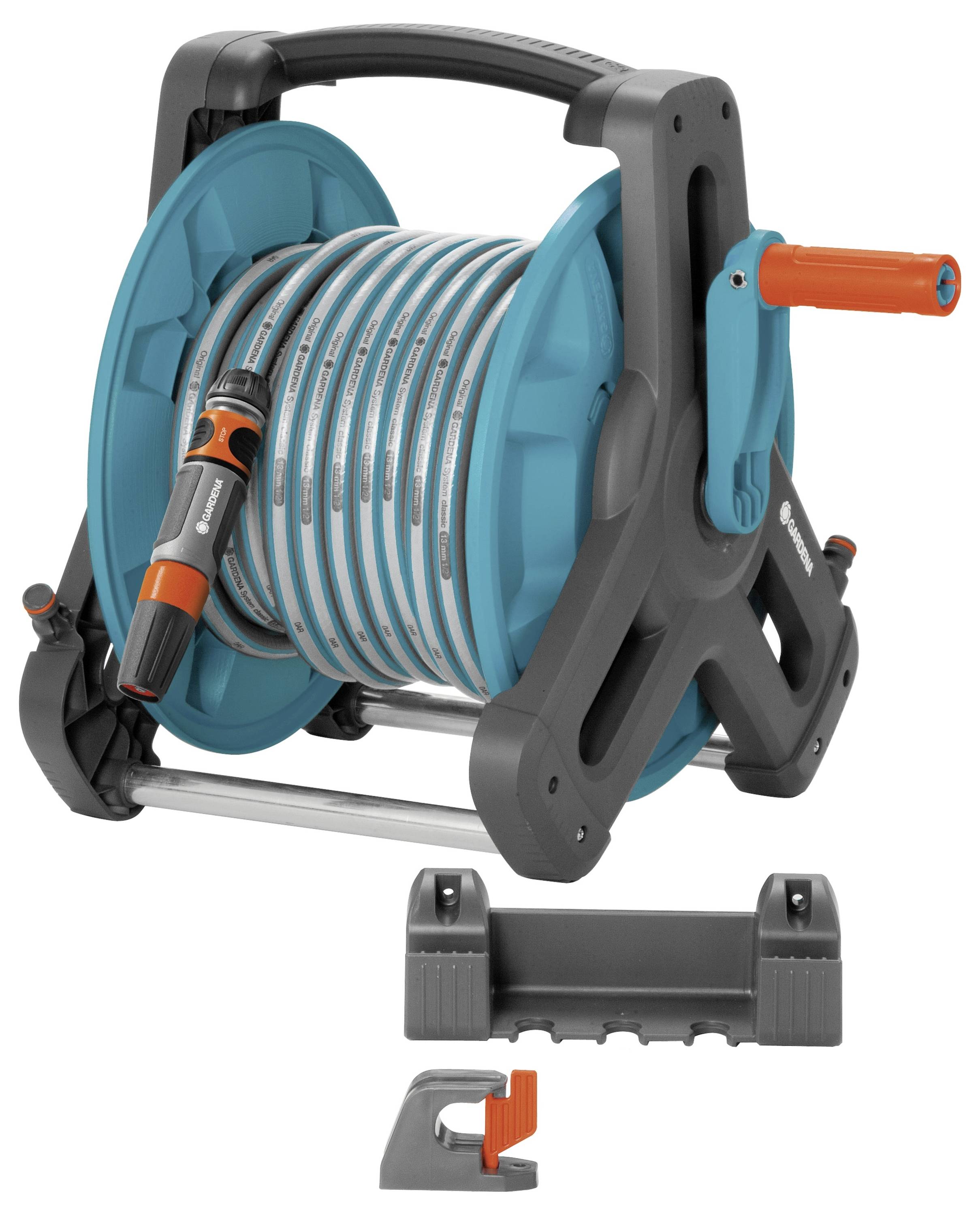A garden hose on a hose reel, with a hand crank and orange elements, suitable for space-saving storage.