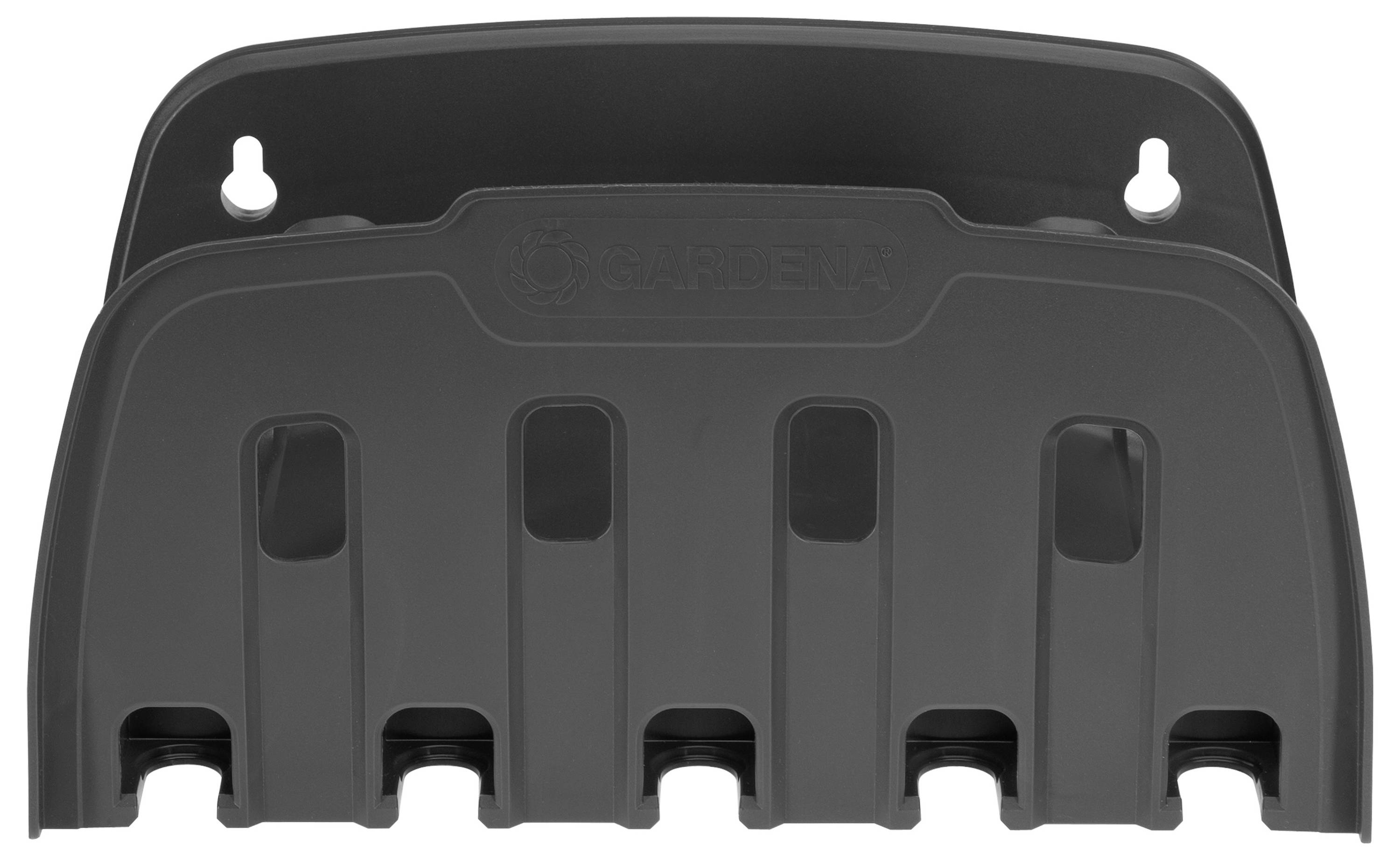 Black, wall-mounted hose holder with five slots for organised storage of garden hoses.