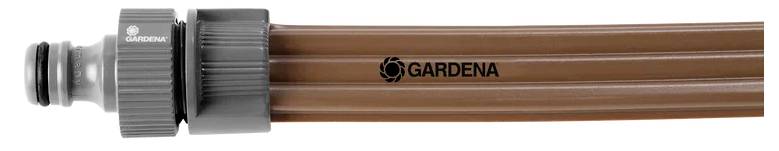 A brown garden hose with a gray connector and 'Gardena' logo on it.