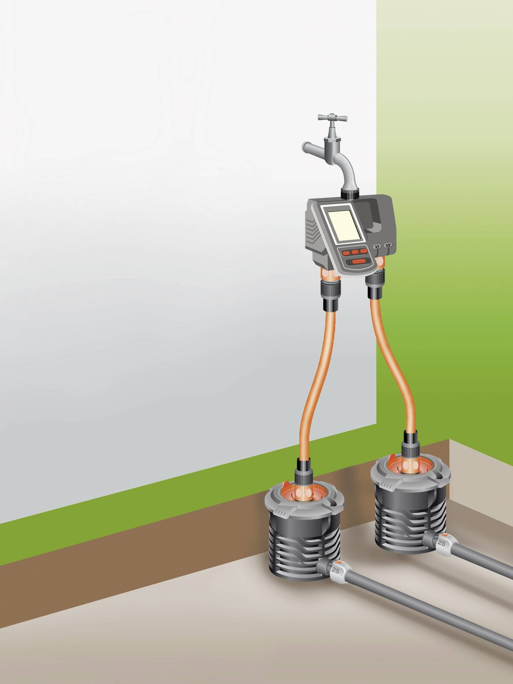 A watering system with two hoses mounted on a wall; connected to a water pump and a digital control unit.