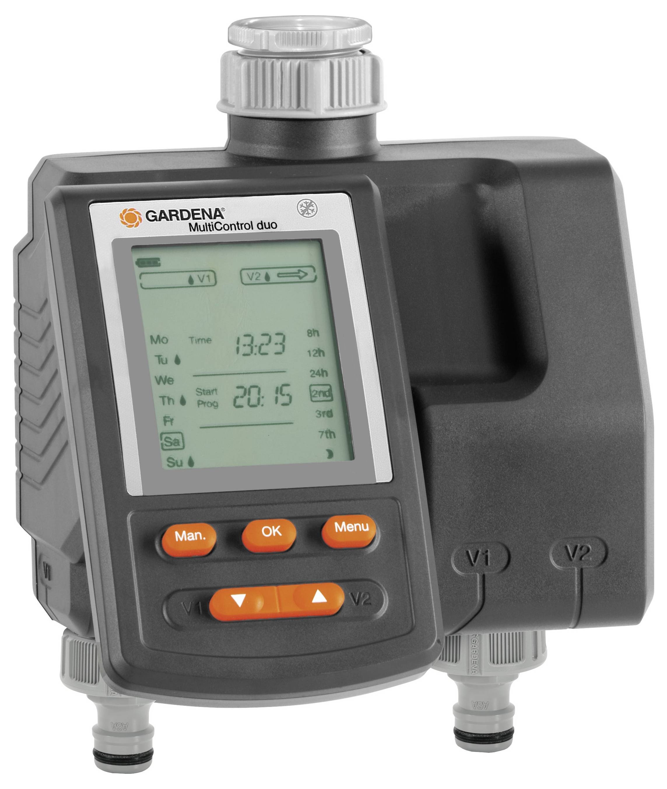 An irrigation timer with a display showing time and programme options. Two valves with separate settings are visible.