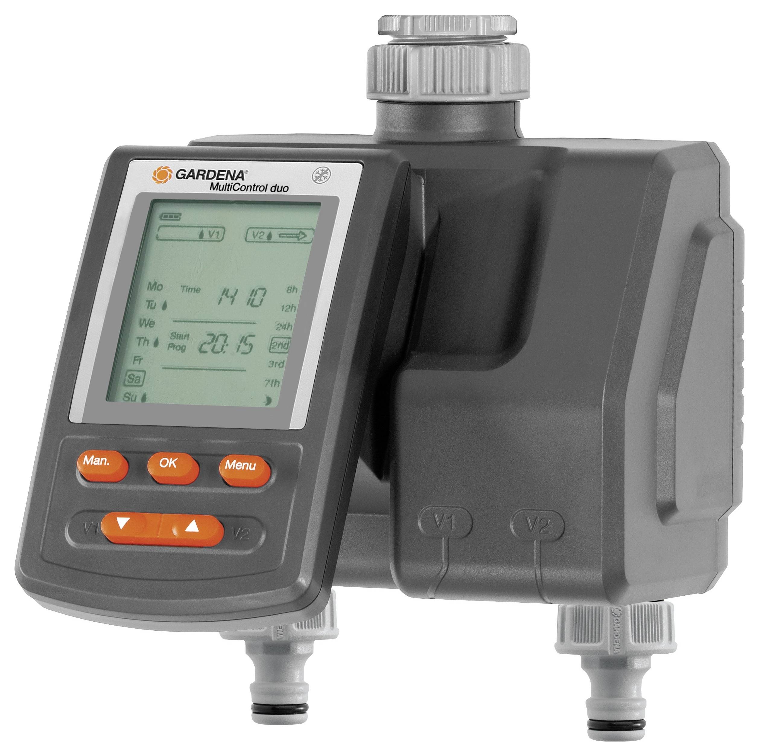 Irrigation control device with digital display and programming buttons, showing time and water control options.