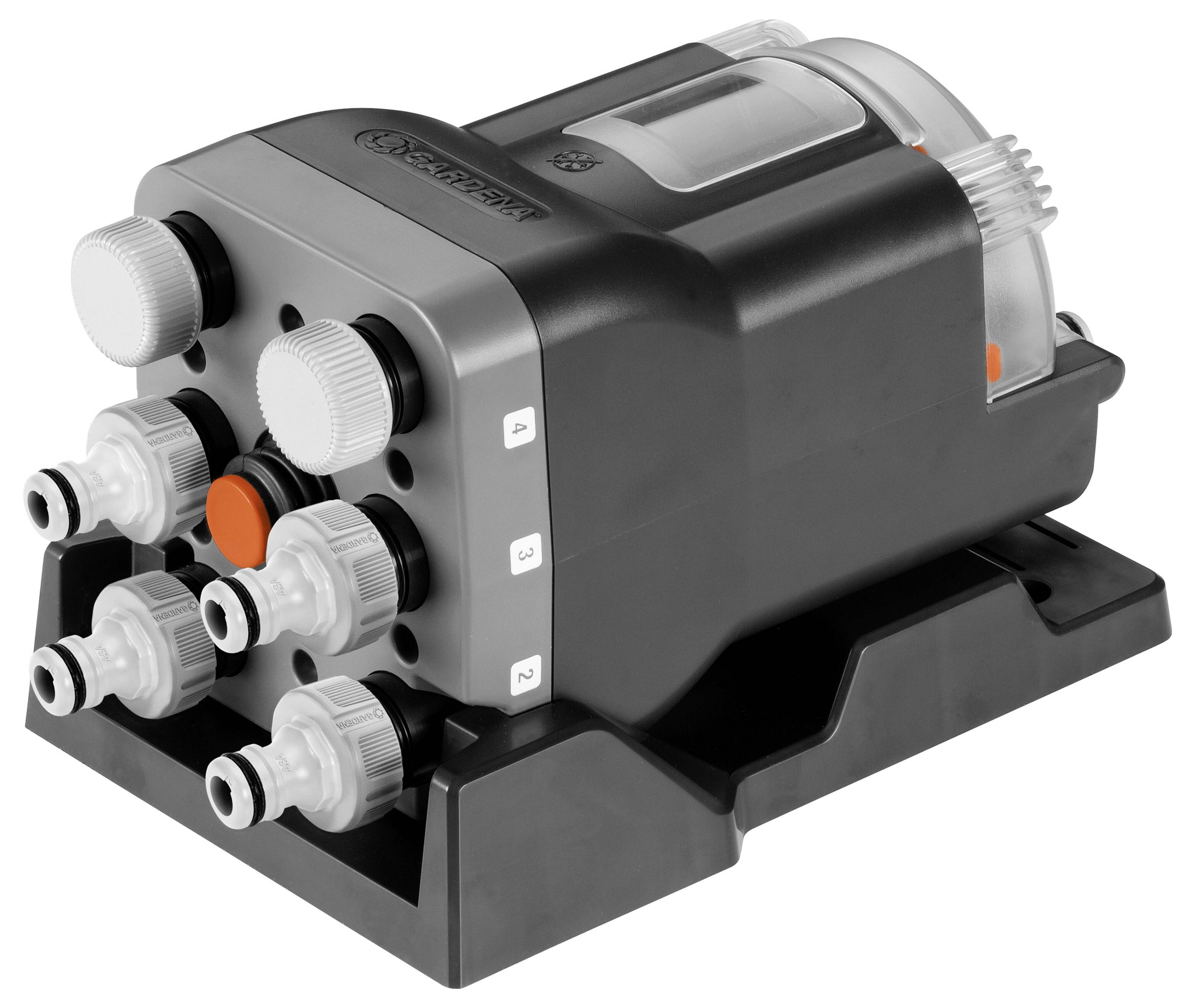 Black and grey irrigation control with multiple connections and numbering from 1 to 4 for controlling different water lines.
