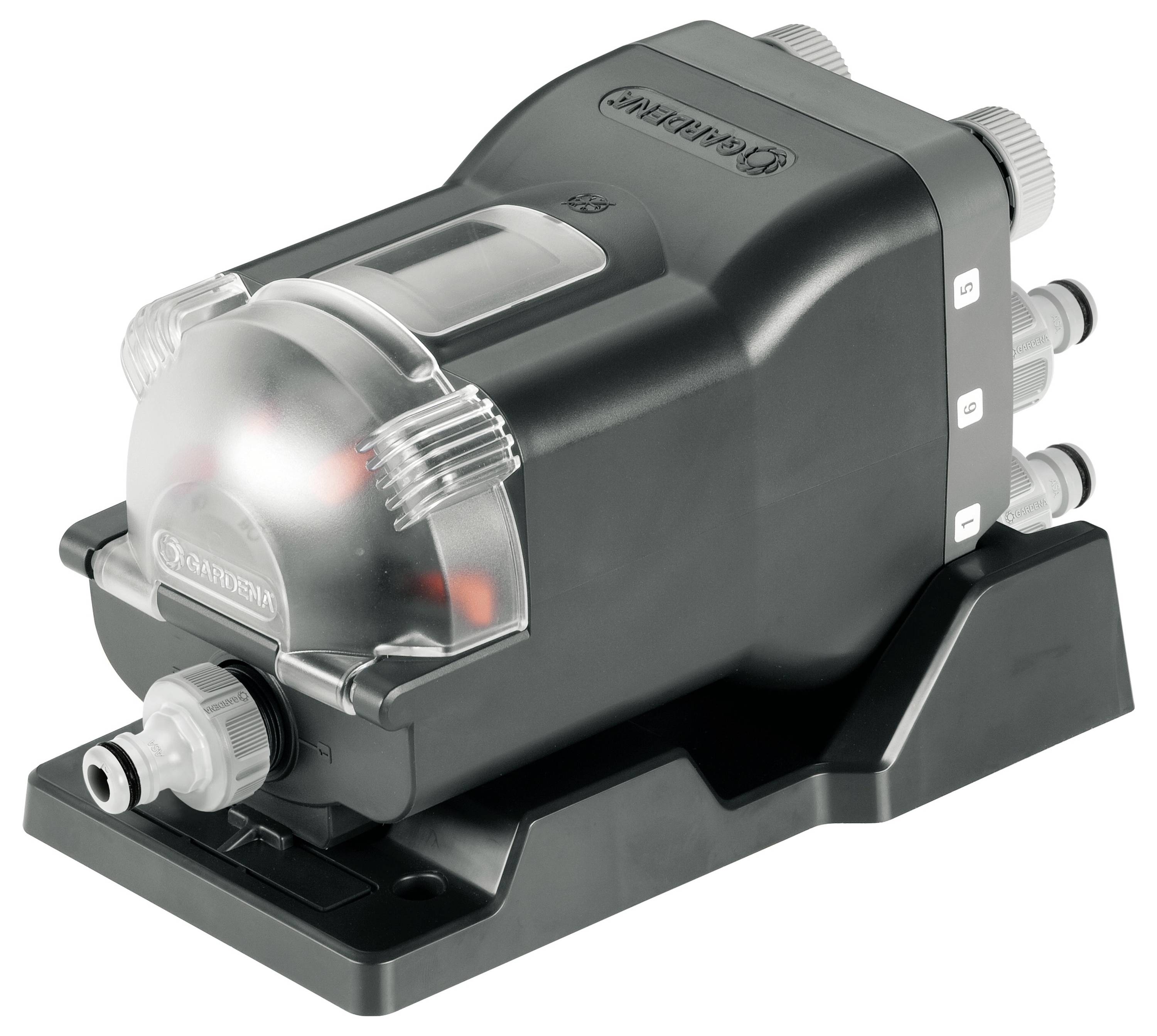 A black water pump with multiple connections and a transparent cover, suitable for garden irrigation systems.