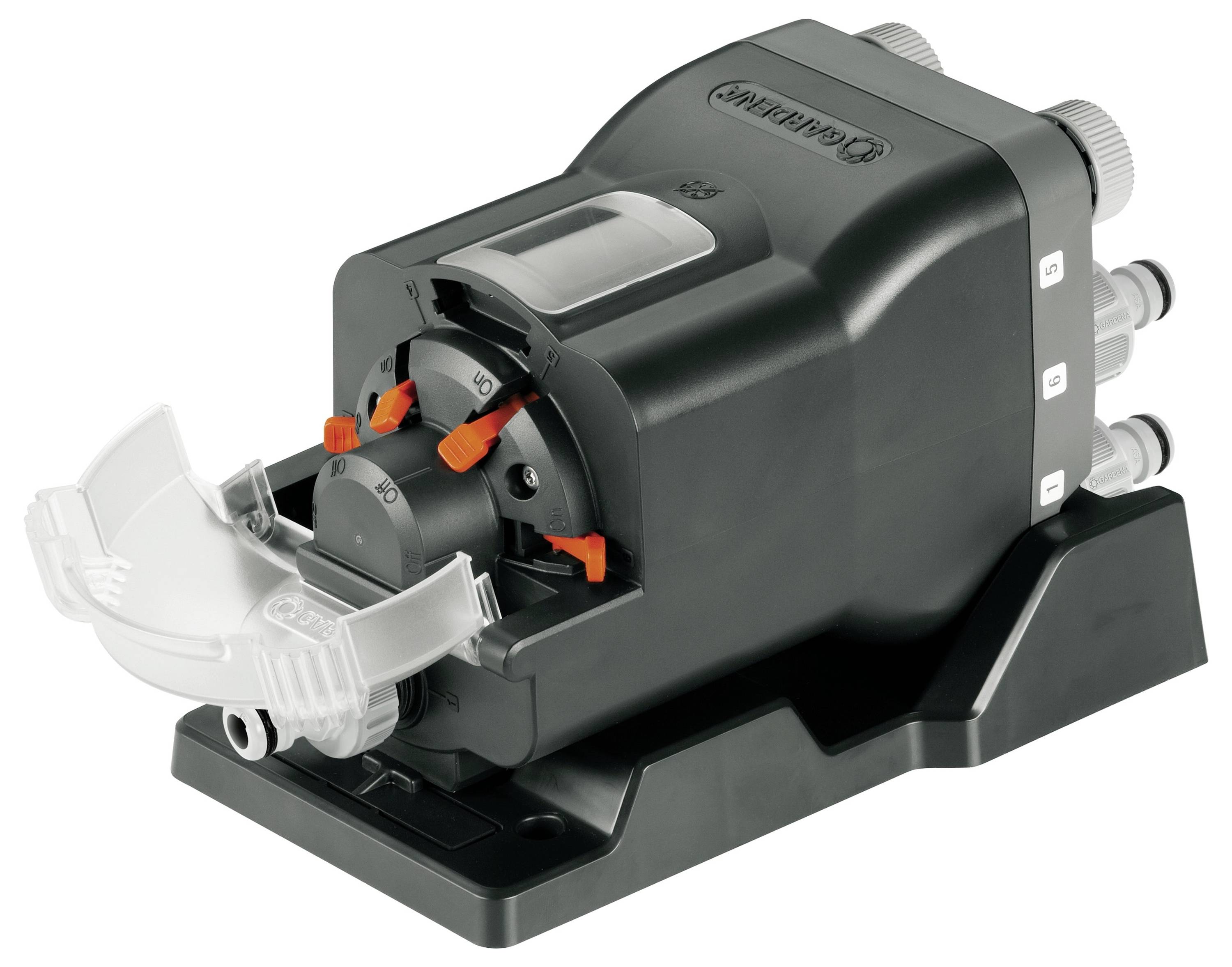 A black automatic pool chemical dosing pump with built-in switching and adjustment elements.