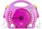 Pink portable CD player for children with built-in speakers, microphones and music control buttons.