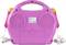 A pink children's music device with two speakers and two yellow microphones on the side. Plastic handle on top.