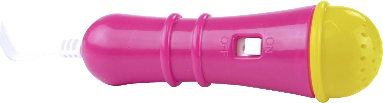 Pink plastic toy microphone with a yellow head and switch, designed to entertain children.