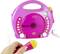 A pink children's karaoke machine with built-in CD player and white microphone. Control panel with symbols and buttons on the front.