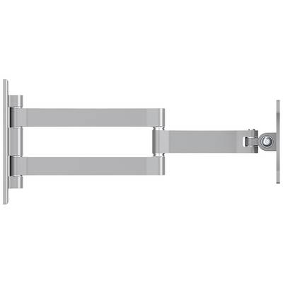 A silver hinge for a furniture door or flap, comprising several movable and fixed metal components.