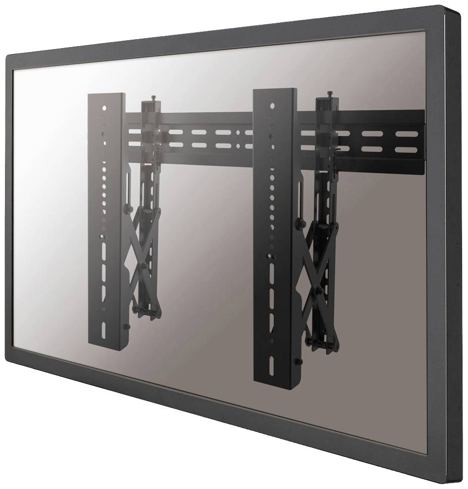 A large, dark flat-screen television mounted on an adjustable wall bracket, revealing robust metal supports and a mounting frame.