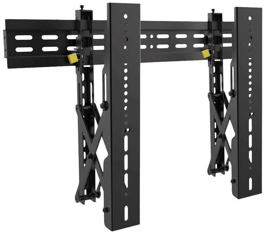 Wall mounting bracket for TV or monitor, black, adjustable, with perforated pattern for cable management.