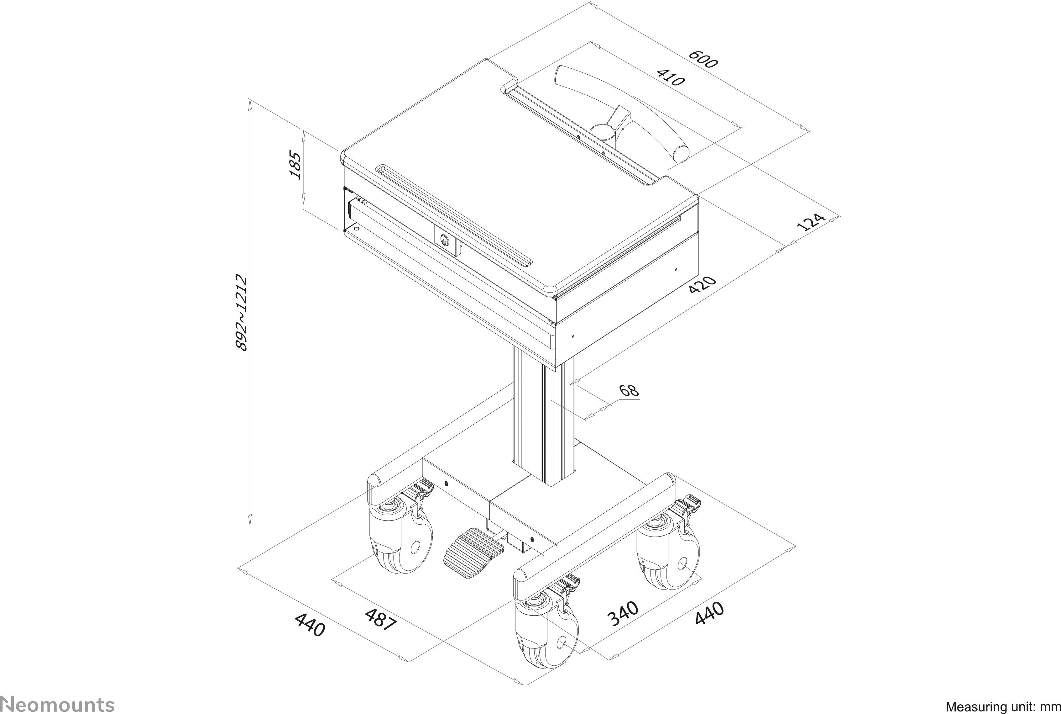 Drawing of a mobile table frame with castors and adjustable height. Dimensions and details are given in millimetres.