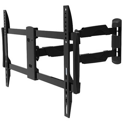 A black metal TV wall mount with a swivelling arm, fixed to the wall. It provides flexible positioning of the television.