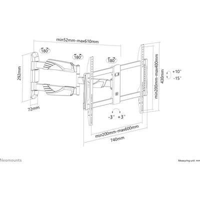 'Sketch of a wall mount with adjustable arms and tilt. Dimensions: min 52mm-max 610mm, max 74cm width, 43cm height.'