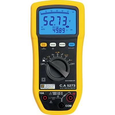 Digital multimeter with a blue display showing '52.73 V'. Several buttons and a rotary dial for control. Markings for measurement ranges.