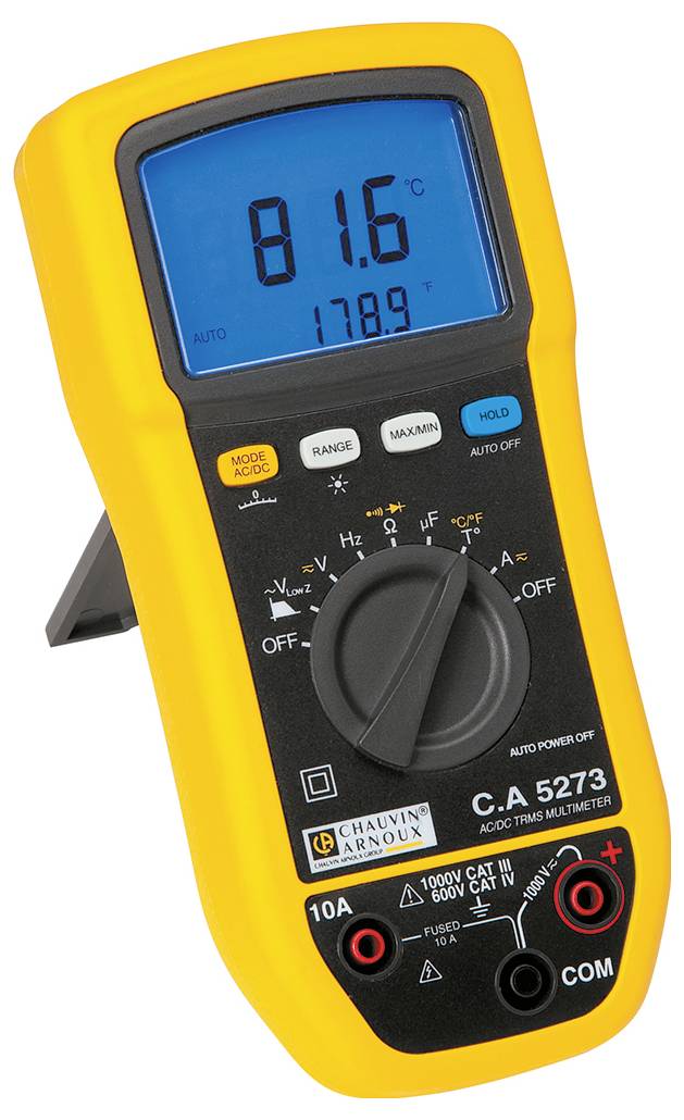 Digital multimeter with a yellow casing shows '81.6°C' on the blue display. Switch set to 'OFF'; various buttons are visible.