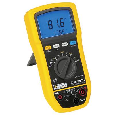 Digital multimeter with a yellow casing shows '81.6°C' on the blue display. Switch set to 'OFF'; various buttons are visible.