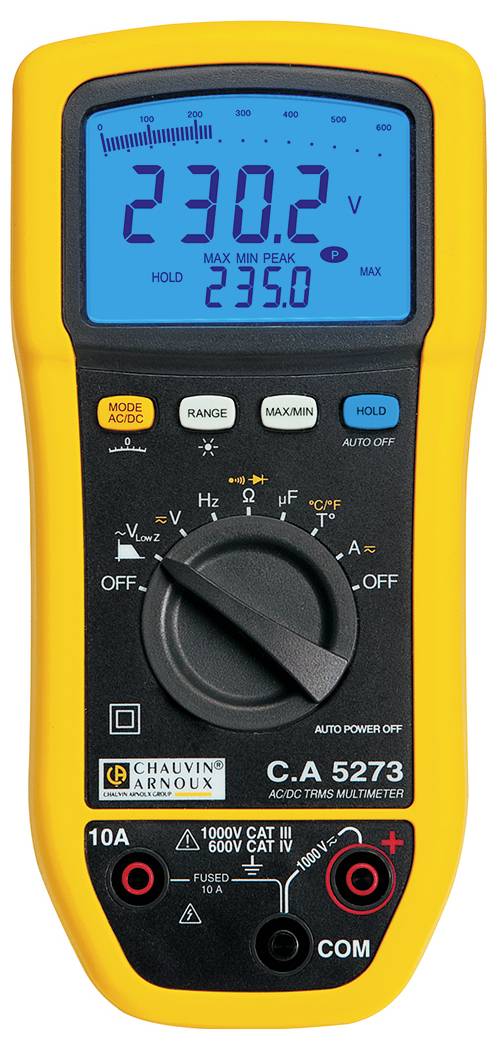 A yellow digital multimeter displays a measured value of 230.2 volts. It has various buttons for modes and settings.
