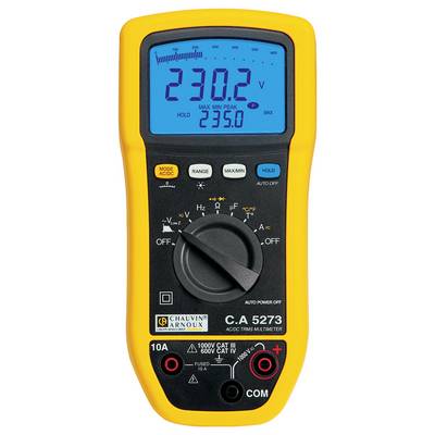A yellow digital multimeter displays a measured value of 230.2 volts. It has various buttons for modes and settings.