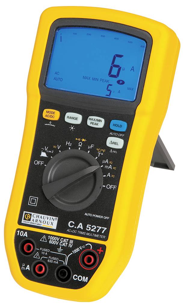 Digital multimeter with a yellow casing, showing AC measurement at 6 amperes, with various measurement modes selectable, brand 'Chauvin Arnoux'.
