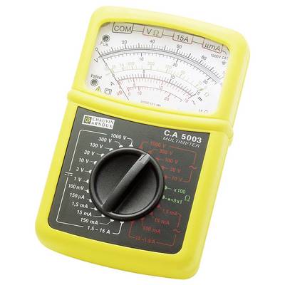 'Yellow analogue multimeter for measuring voltage, current, and resistance. Pointer indicates current readings on the scale.'