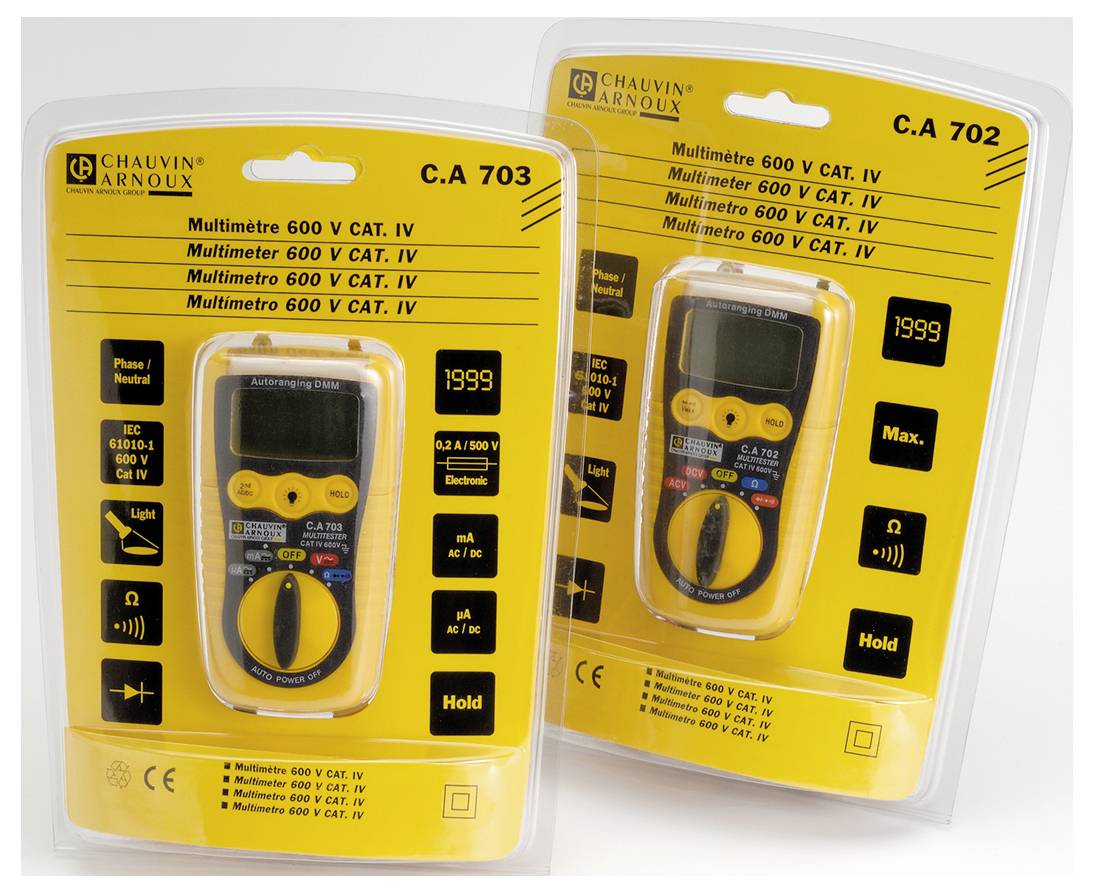 'Two packaged Chauvin Arnoux multimeters, model C.A 703 and C.A 702, for measuring electrical voltage and current.'