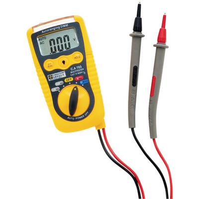 Digital multimeter with a yellow casing, showing '0.00 V' on the display. Two test leads, one black and one red, are connected.
