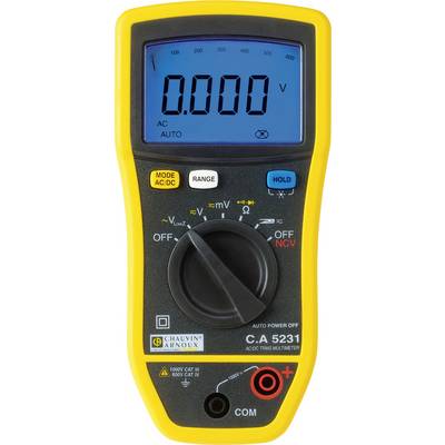 A yellow digital multimeter displays 0.000 volts on the display. The scale below offers settings for voltage, resistance, and current.