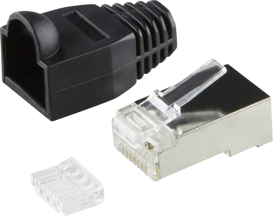 An image showing a black RJ45 boot cover, an RJ45 plug, and an RJ45 connector part. Suitable for Ethernet cable assembly.