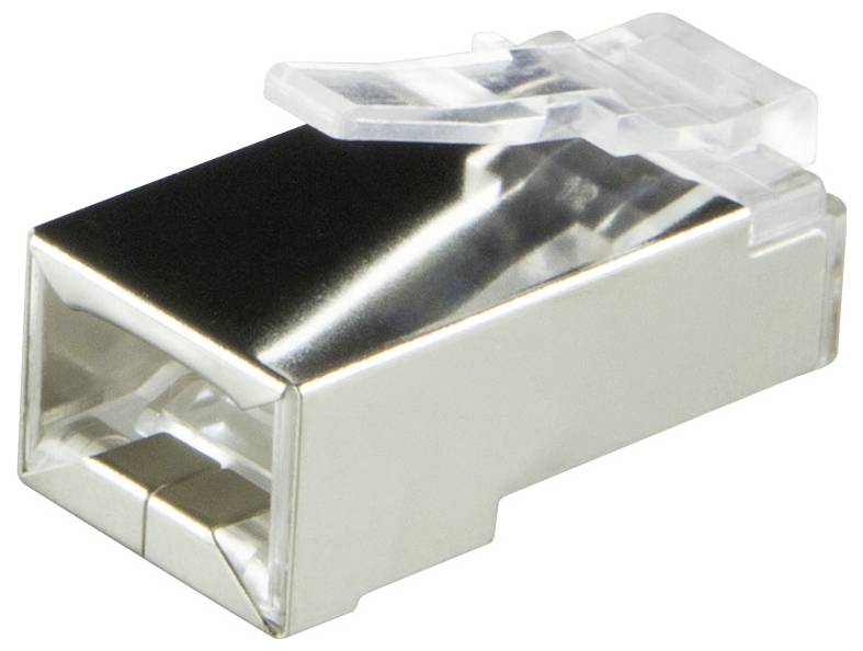 A silver RJ45 connector with a translucent latch, used for Ethernet cables in networking.