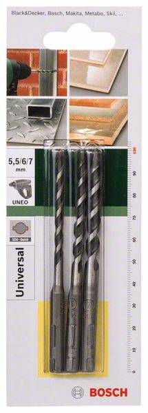'Three universal drill bits for concrete, masonry and tiles, suitable for Bosch drills, shown on blister packaging.'