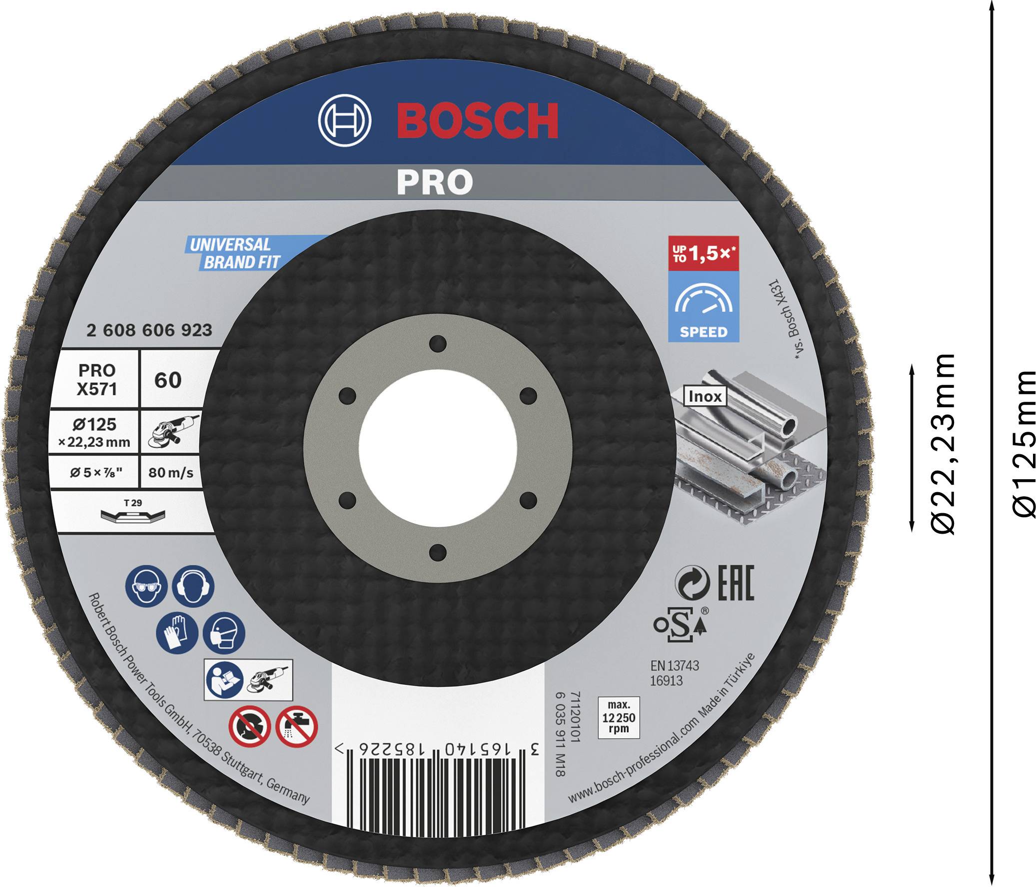 'Bosch PRO' cutting disc, 125 mm diameter, 22.23 mm bore, for metalworking. Speed up to 80 m/s, 60 grit.
