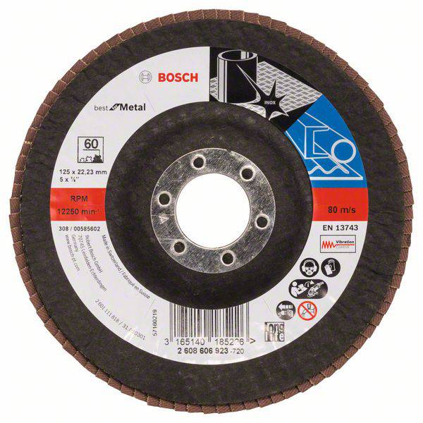 Bosch grinding disc for metalworking, Ø 125 mm, max. 12,250 rpm, 80 m/s. Suitable for angle grinders.