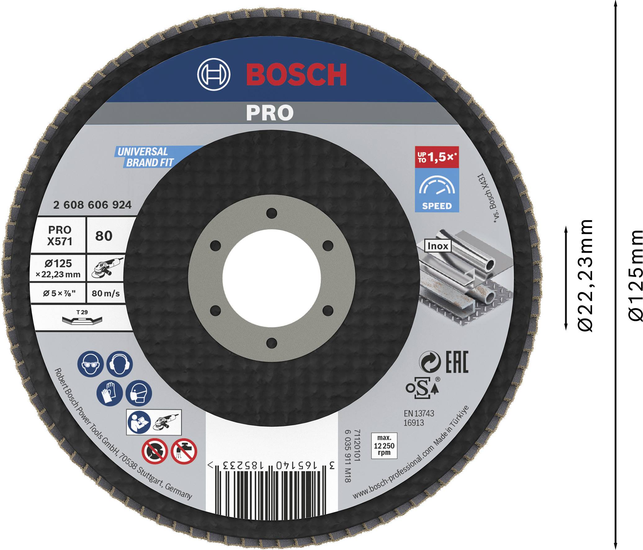 A Bosch cutting disc labeled 'PRO', diameter 125 mm, bore 22.23 mm, suitable for metal, maximum 80 m/s, 12,250 RPM.