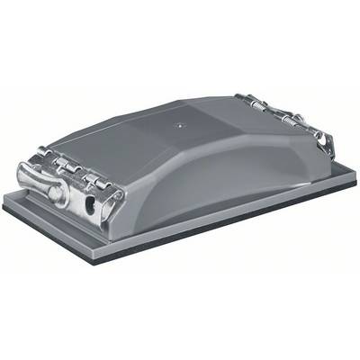 Grey manual sander with a rectangular sanding surface and metal clips at the corners for attaching sandpaper.