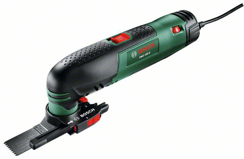 Electric Bosch jigsaw in green and black with a red switch. Suitable for precision work in wood and metal.