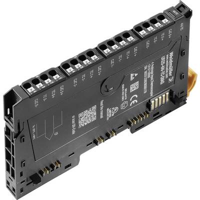 An electronic module with multiple connectors on top and contact pins on the side, labelled with specifications and a QR code.