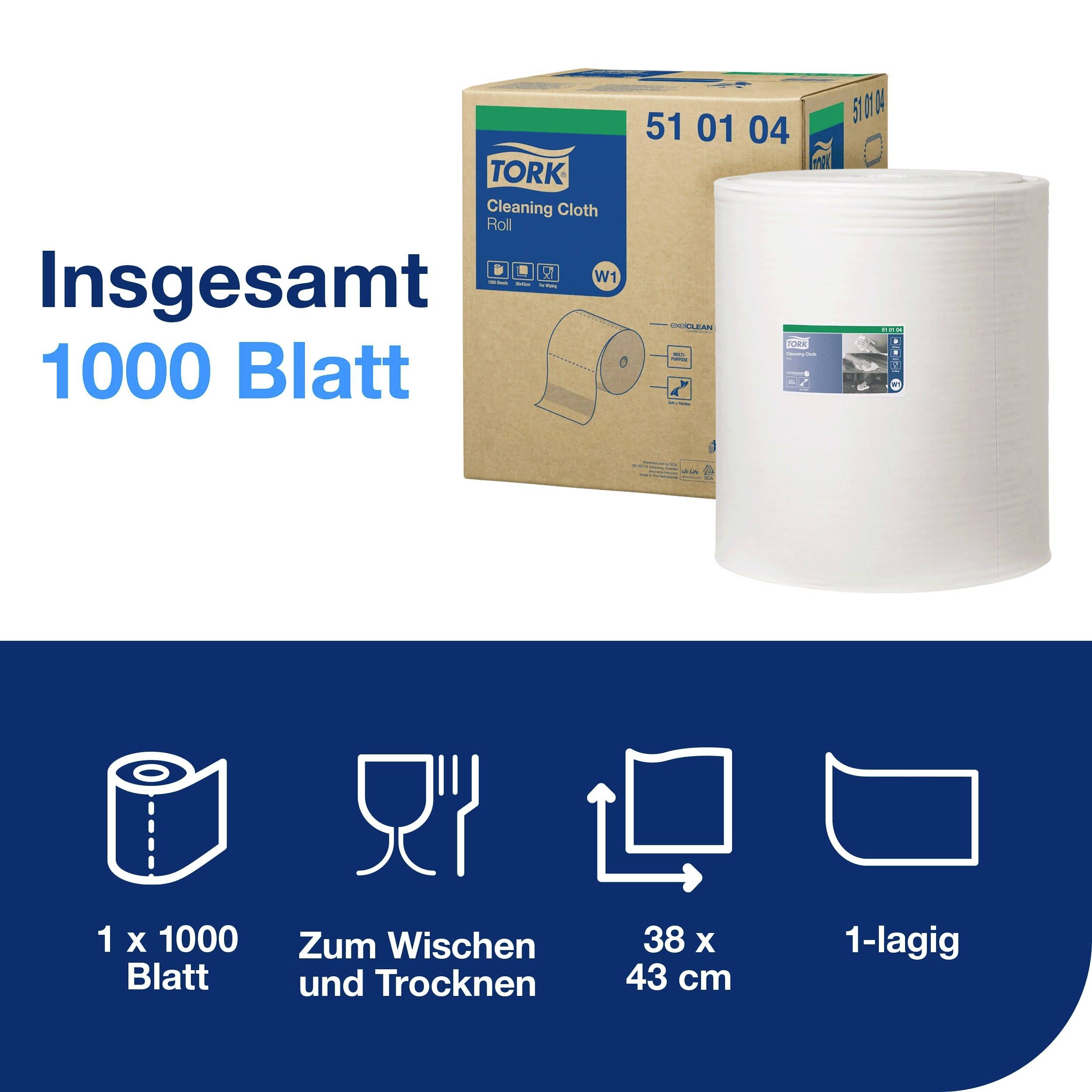 'A carton of Tork cleaning wipe roll, stating 1000 sheets. Symbols indicate usage areas: wiping and drying, 38 x 43 cm, 1-ply.'